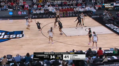 hailey van lith defends caitlin clark very well, stiffly, as she takes the ball down court then hailey jumps with her hand in caitlin's face which causes caitlin to miss her shot2